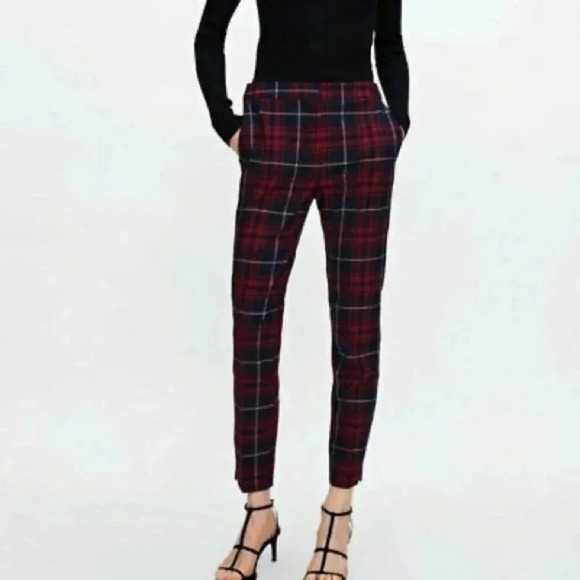 ZARA BASIC GUC Red Plaid Pants Trousers - Picture 6 of 6